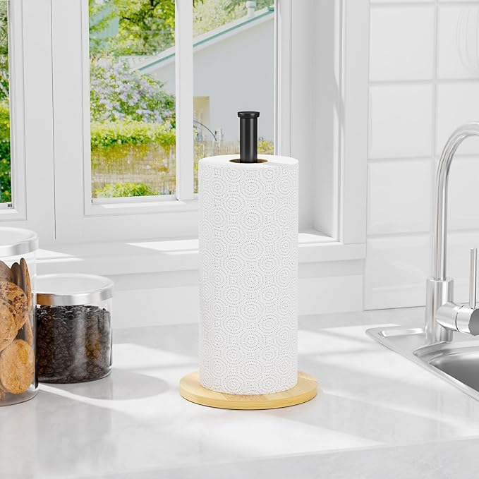 Paper Towel Holder Countertop, Weighted Wooden Base, Stainless Steel, FreeStanding, Easy Install, Durable, Ideal for Home,RV,Bathroom,Farmhouse Essentials Decor Accessories (Black)