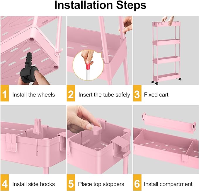 SPACELEAD Slim Storage Cart 4 Tier,Bathroom Organizer Rolling Utility,Mobile Shelving Unit Slide Out for Office, Kitchen, Laundry Room & Narrow Places,Pink