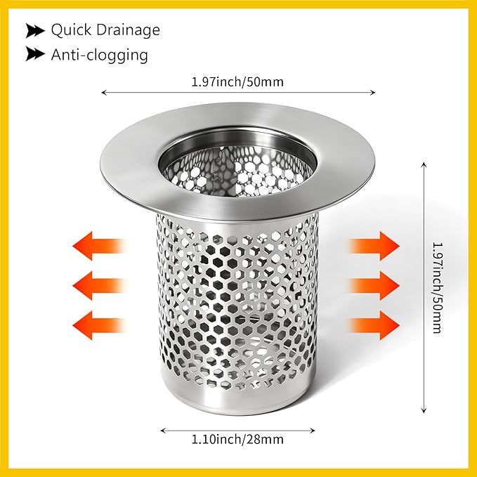 Bathroom Sink Drain Strainer, 304 Stainless Steel Hair Catcher for Bathtub Shower Floor Drain, Bathtub Drain Cover Strainer Basket Fit 1.1" to 1.97" Drain Hole (2PCS)