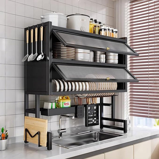 Over Sink Dish Drying Rack 2 Tier Stainless Steel Dish Drainer with Cover and Utensil Holders Large Capacity Space Saving Kitchen Organizer