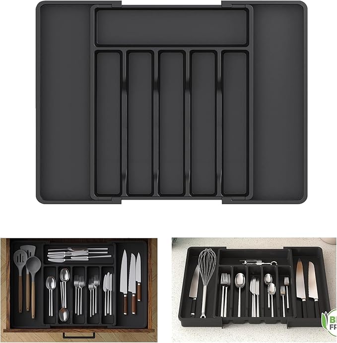 1Pcs Large Expandable Silverware Organizer - BPA Free Plastic Adjustable Utensil Tray, Large Utensil/Kitchen Drawer Cutlery Holder for Forks, Knives, Spoons & Flatware, Multipurpose Storage