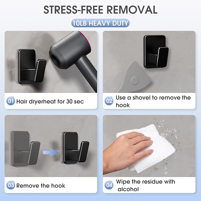Danpoo Heavy Duty Self Adhesive Hooks - No Drill Wall Hooks for Bathroom, Kitchen, & Home Organization, Waterproof Aluminum Hook (3-Pack, Black)