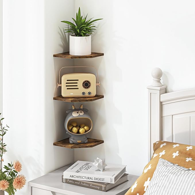 Corner Shelf Wall Mount, Floating Corner Shelves, Set of 3 Corner Wall Shelf Organizer, Rustic Wood Wall Storage Display Shelves for Living Room Bedroom Bathroom Kitchen, Rustic Brown