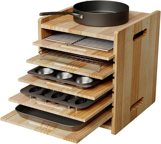 7 Tiers Cookie Sheet Organizer for Cabinet, Wooden Tray Dividers for Kitchen Cabinets Baking Sheet Pan Organizer, for Heavy Pans, Cutting Board, Bakeware, Kitchen Cupboard Storage, Solid Wood