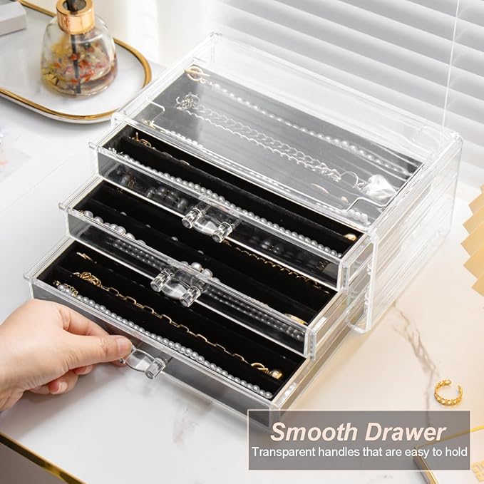 Necklace Holder Organizer, Dustproof Necklace Box Velvet Necklace Organizer Box with Lid Clear Acrylic Dustproof Stackable Jewelry Displays for Necklaces Chain Display (Black, 5 Drawer)