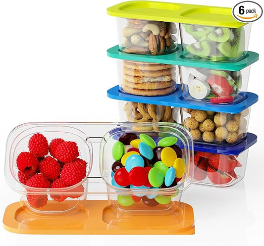 Reusable Snack Containers with Lids for Kids-Gemstone Bright 5 PACK, [UNIQUE DESIGN 2-COMPARTMENT] BPA-Free/Microwave/Dishwasher Safe, Snack Bowls Container for On-the-Go Meals,Camping and Travel
