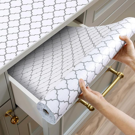 Shinlendid Shelf and Drawer Liner for Kitchen Cabinets Non-Adhesive, Strong Grip Non-Slip Thickened Cabinet Liners for Shelves, Waterproof Mats for Dresser Cupboard, White/Gray, 12 in x 10 Feet