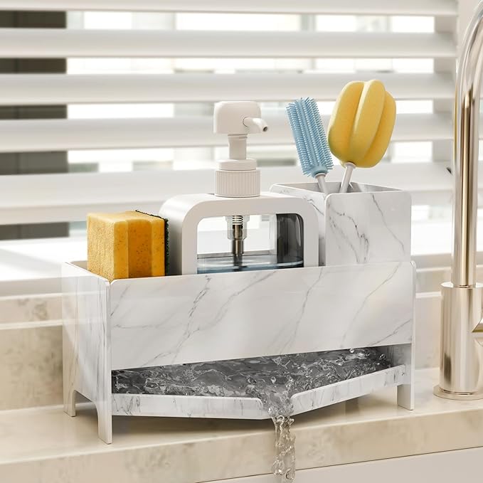 Sponge Holder for Kitchen Sink, Acrylic Sink Caddy Organizer with Removable Brush Holder, Soap Dispenser Countertop Organizer with Marble Texture, Kitchen Organizers Storage, White