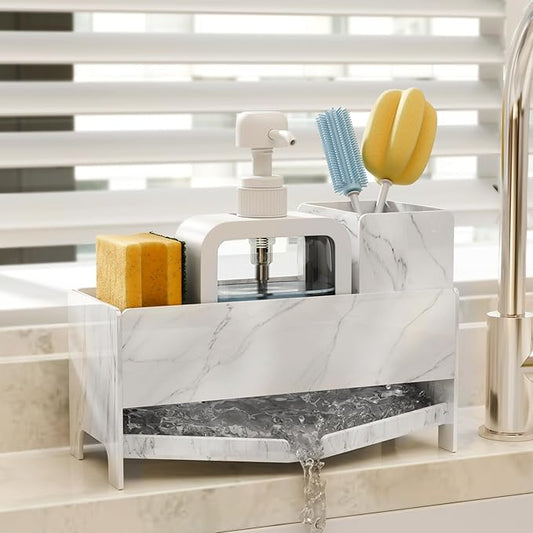 Sponge Holder for Kitchen Sink, Acrylic Sink Caddy Organizer with Removable Brush Holder, Soap Dispenser Countertop Organizer with Marble Texture, Kitchen Organizers Storage, White