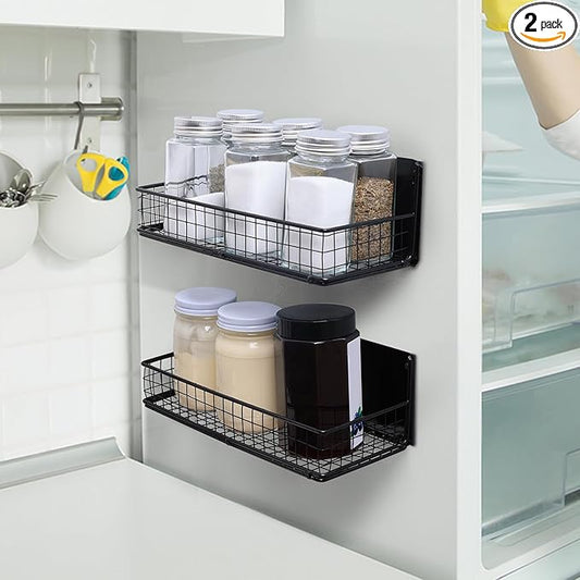 ONESIXEC 2 Pack Magnetic Basket for Fridge, Magnetic Spice Rack for Side of Refrigerator, Small Magnet Wire Bin Basket Fridge Shelf Organizer Kitchen Classroom Whiteboard Pantry Office Storage, Black
