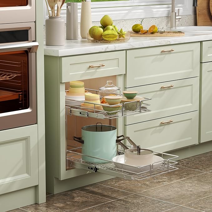 ROOMTEC Pull Out Cabinet Organizer (16½"W x 21½"D),2 Tier Pull Out Storage Shelf Drawer Basket,Sliding Shelves for Base Cabinet Organization in Kitchen, Bathroom, Pantry