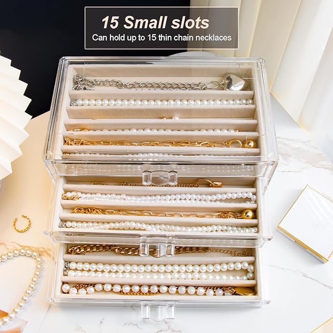 Necklace Holder Organizer, Dustproof Necklace Box Velvet Necklace Organizer Box with Lid Clear Acrylic Dustproof Stackable Jewelry Displays for Necklaces Chain Display (Beige, 3 Drawer)