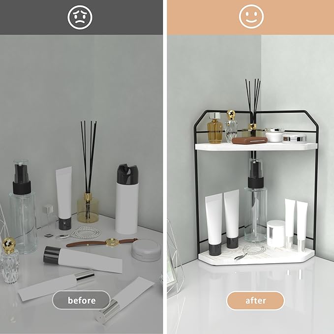 Corner Bathroom Counter Organizer - 2 Tier Wood Vanity Counter Shelf Perfume Skincare Holder, Countertop Corner Shelf Organizer for Bathroom, Kitchen, Rustic White