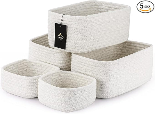 5-Pack Small Woven Rope Storage Baskets – 2 Sizes Organizer Bins for Closet, Shelf, Bookshelf, Nursery, Changing Table, Fabric Cube Boxes, Rectangular Shallow Bins for Bathroom, Toy & Home