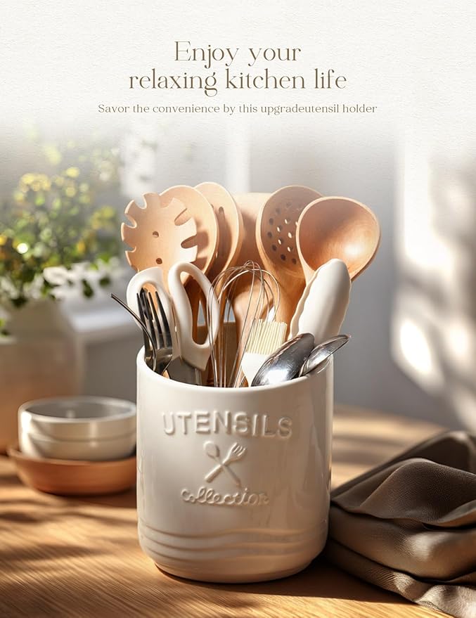 AISBUGUR Large Ceramic Utensil Holder: 7.5" H×6.3" W with Slanted Mouth - Utensil Crock with Non-Slip Cork Base for Kitchen Counter, Ideal for Decor & Gift, White
