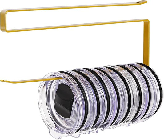 Tumbler Lid Organizer, Horizontal Tumbler Lid Storage Hook Up to 10 Lids, Space Saving Cup Lid Holders Under Cabinet Tumbler Lid Hook for Kitchen Organizer and Storage, Paper Towel Rack Hanger (Gold)