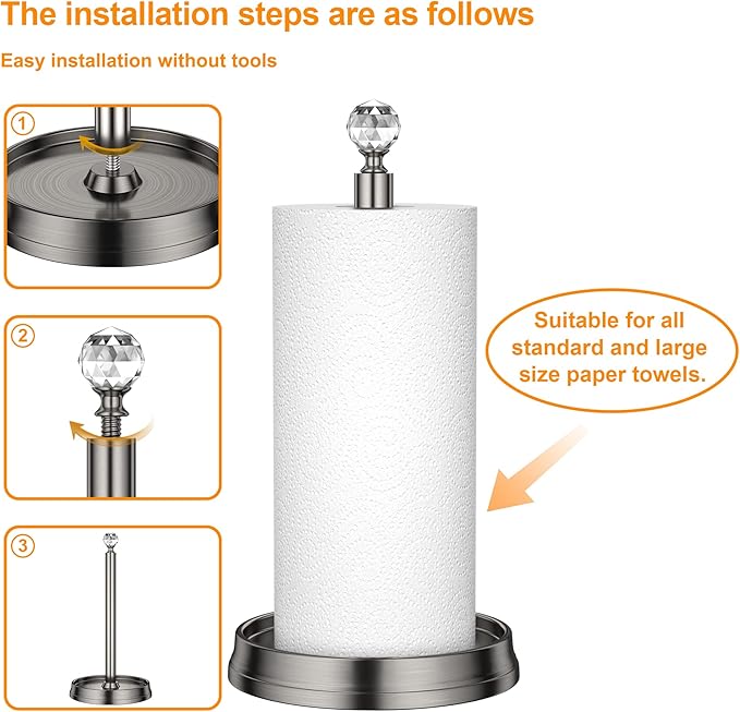 Paper Towel Holder with Crystal Ball - Steel Countertop Stand, Fits Standard & Jumbo Rolls, Brushed Nickel