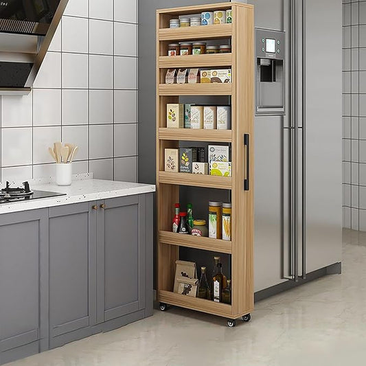 7 Tier Slim Rolling Storage Cart with Wheels, Narrow Storage Cabinet for Small Spaces, Mobile Spice Rack Organizer for Kitchen, Pantry, Baking Room, Dining Room(Wood,5.9"x21.6"x72.4")