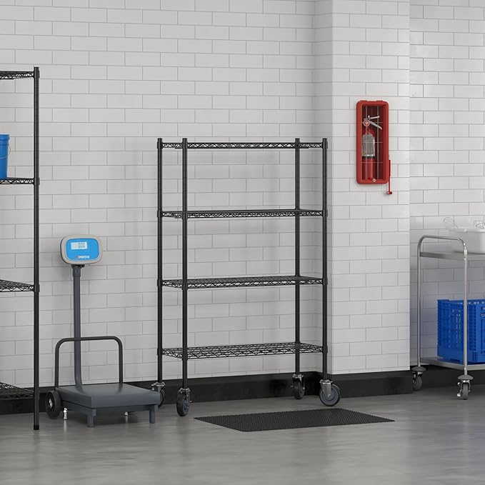 Commercial NSF Listed Black Epoxy Mobile Wire Shelving Kit 14" x 36" x 60", with 4 Shelves Perfect for Warehouse, Walk-in Refrigerator, Freezer, Grocery Store, Restaurant, Dishroom
