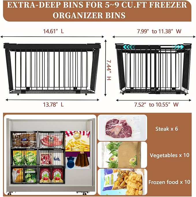 Large Freezer Organizer Bins，Upgraded Bottom Leak-Proof net，Fit 5 to 9 Cu Ft Chest Freezer，3 Pack， Expandable Stackable Chest Freezer Containers with Handle (3Pack)