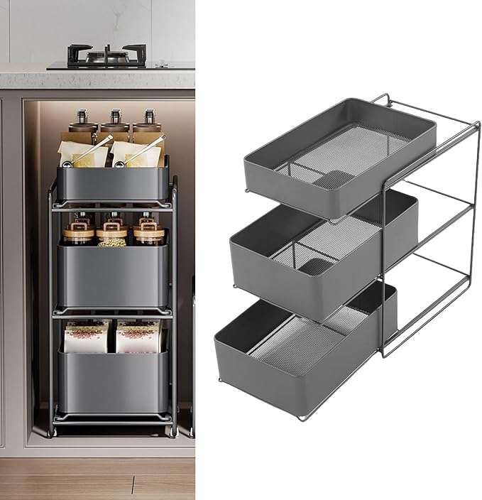 Under Kitchen Sink Organizer 3 Tier Under Sink Organizer with Sliding Storage Drawer Space Saving Steel Pull Out Shelf Large Capacity Under Bathroom Cabinet Organizer for