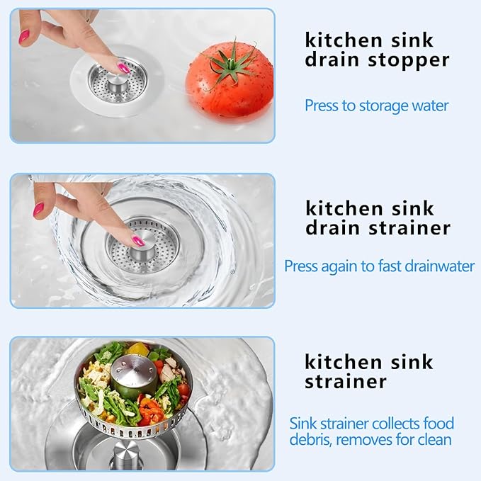 3-in-1 Kitchen Sink Drain Strainer Stopper, Upgraded Stainless Steel Sink Plug with Anti-Clog Filter Basket, Fits Standard 3-1/2 Inch Drain Hole, Pop Up Garbage Disposal Cover Food Catcher