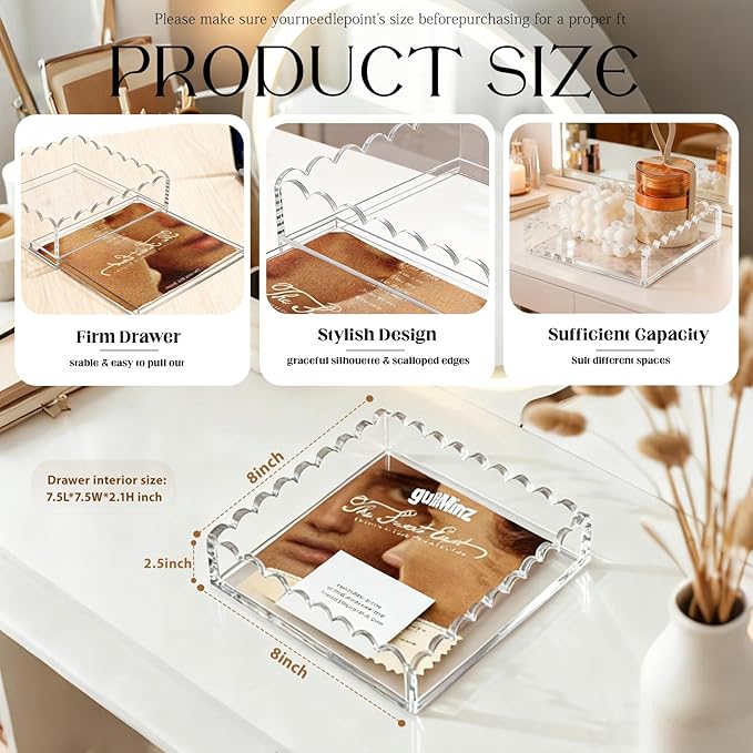 Acrylic Trays for Needlepoint 8" x 8", OUPSAUI Scalloped Acrylic Tray with Drawer for Insert Needlepoint, Photos, Art, Fabric, Napkin, Messages Display Basket, Decorative Tray Gift for Home Office