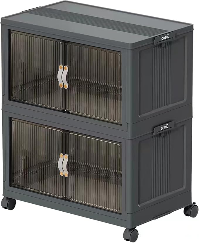 ONAIL Stackable Storage Bins with Lids and Wheels - Plastic Collapsible Closet Organizer and Storage Box with Drawers & Clear Door Foldable Cabinet Storage for Clothes, Dorm, Bedroom
