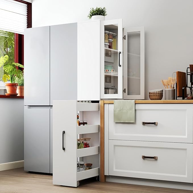 White Tall Storage Cabinet with Glass Doors and Pull-Out Rolling Cart, 71” Narrow Pantry Cabinet with Adjustable Shelves, Modern Display Bookcase for Kitchen, Bathroom, Office, Living Room