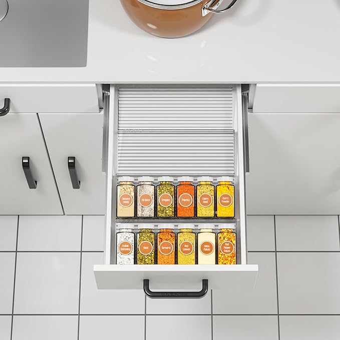 4Pcs Spice Organizer, Clear Plastic Spice Drawer Organizer Large Capacity Slanted Adjustable Seasoning Jars Storage Tray Insert for Kitchen Drawer