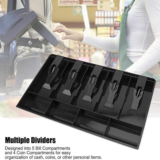 2 Pack Cash Register Drawer Insert Tray Organizer with 5 Bill/4 Coin Compartments for Money Storage, Black