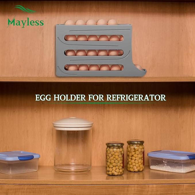 MAYLESS EGG HOLDER FOR FRIDGE, Auto Rolling Fridge Egg Organizer, Egg Rack For Refrigerator. (Grey)