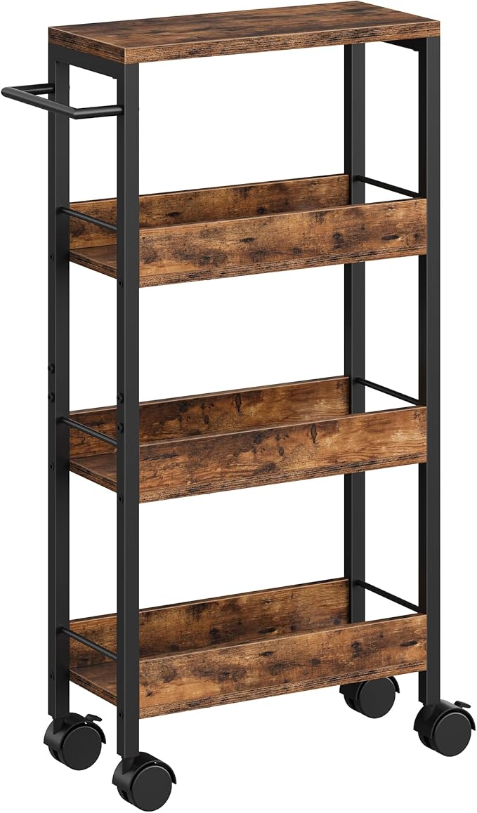 CHOEZON 4-Tier Slim Storage Cart, 7.1'' Kitchen Serving Trolley, Slim Rolling Cart with Handle and Guard Rails, Slim Cabinet for Small Spaces, for Dining Room, Rustic Brown and Black TTC02BF