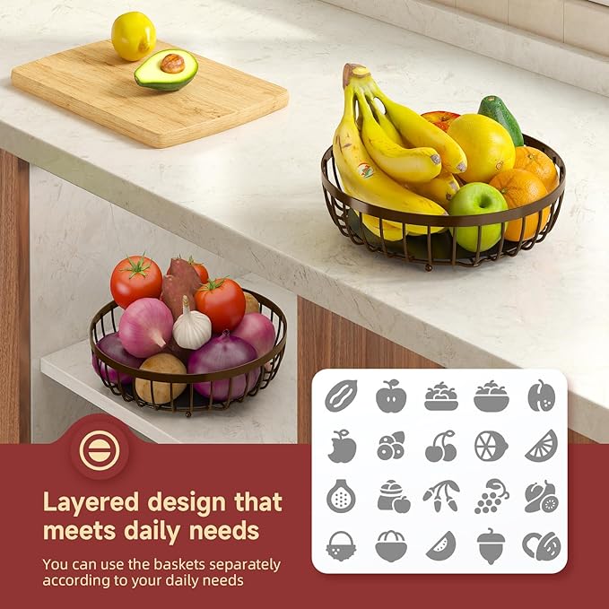 2 Tier Fruit Basket for Kitchen Counter with 2 Banana Hangers, 2025 Pro Detachable Metal Fruit Bowl with Wooden Handle,Fruit Holder for Bread Snack Veggies, Brown Extra Large