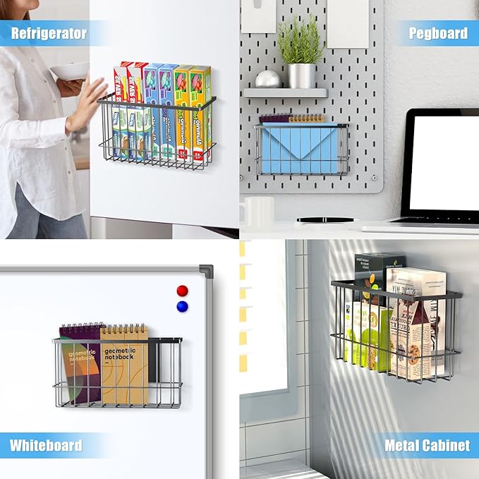 NiHome Magnetic Metal Basket Organizers, Dryer Ball Holder, 2PCS Medium & Small, Versatile Storage for Kitchen & Office Holds Up to 14 lbs, Easy Attach to Refrigerator or Any Magnetic Surface(Black)