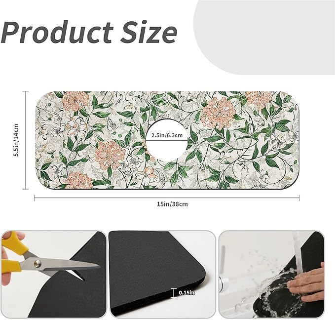 Kitchen Sink Splash Guard，Beautiful vintage flowers Faucet Mat Sink Gadgets-Super Absorbent Fast Drying Mat Drip Catcher for Kitchen, Bathroom,Sink Mat, Dish Drying Mat, Bathroom(15" X 5.5" )