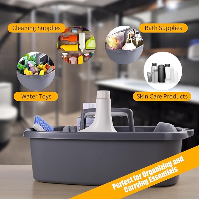 Omirome 2-Pack Large Gray Cleaning Caddy for Cleaning Supplies with Handle - Portable Plastic Tote Organizer for Shower, Bathroom, Kitchen, Under Sink Storage