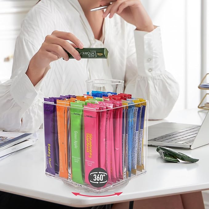 Drink Packet Organizer For Powdered Drink Mix,Powder Packet,Water Packet,Water Flavor Packet,Lazy Susan Organizer for Drink Mix Rotating Holder for Drink Mix Necessities（Square）