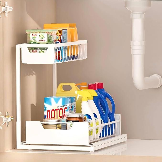Under Kitchen Sink Organizers and Storage Pull Out 2 Tier Metal Bathroom Cabinet Organizer (White, 1 Pack)