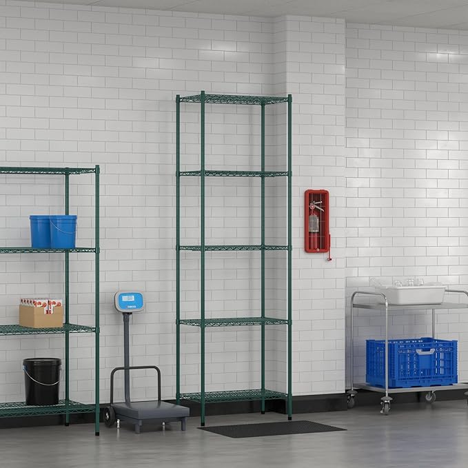 Commercial NSF Listed Green Epoxy Stationary Wire Shelving Kit 18" x 30" x 96", with 5 Shelves Perfect for Warehouse, Walk-in Refrigerator, Freezer, Grocery Store, Restaurant, Dishroom