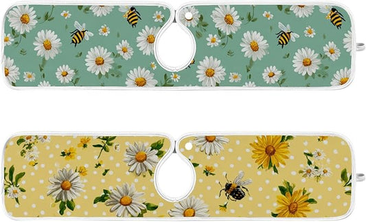 2 PCS Kitchen Sink Splash Guard 23.6 Inch Faucet Mat for Kitchen Sink Bathroom Sink Faucet Absorbing Drip Drain Mat Pad Microfiber Soft Washable Yellow and Green Daisy Bees