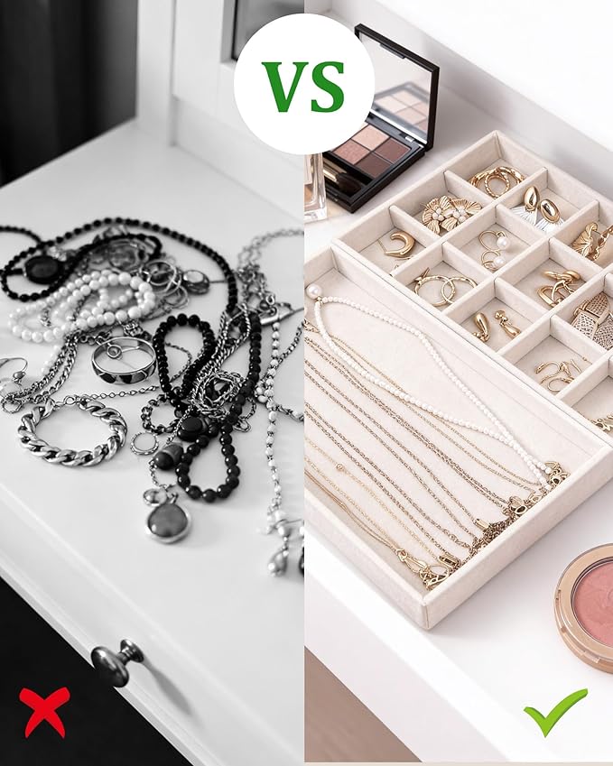 Stackable Jewelry Organizer Trays with Removable Dividers, 2-Tray Beige Jewelry Drawer Organizer Set for Earrings, Necklaces, Rings & Bracelets Gift for Her