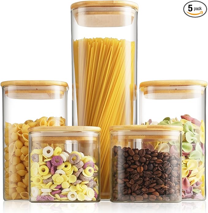 Glass Spaghetti Pasta Storage Container - 5 Pack Airtight Food Storage Jar Set with Bamboo Lid Labels - Square Kitchen Pantry Canister Organizers for Cookies Candy Coffee Bean Sugar Tea Spice Flour