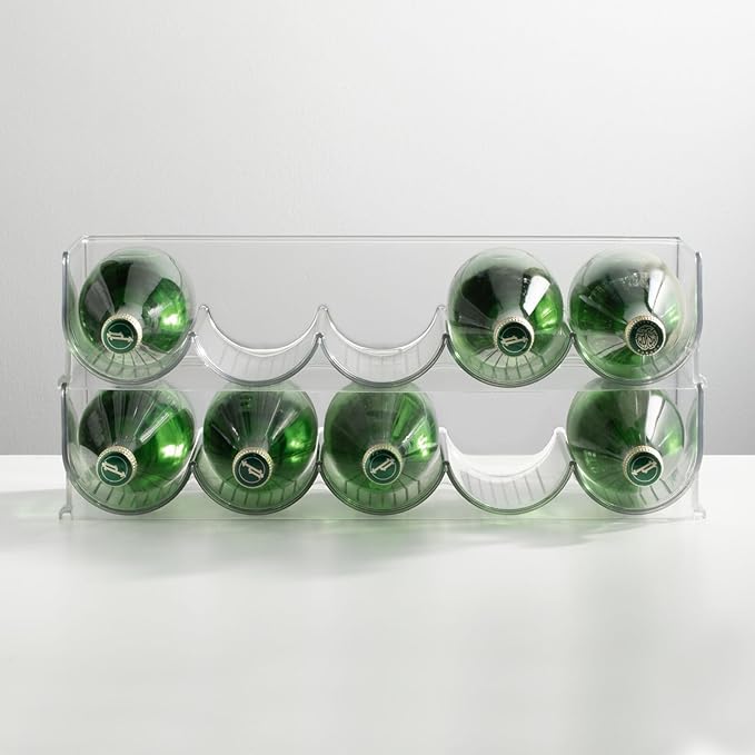 mDesign Plastic Free-Standing Water Bottle and Wine Rack Storage Organizer for Kitchen Countertops, Table Top, Pantry, Fridge - Stackable - Holds 5 Bottles Each, 2 Pack - Clear
