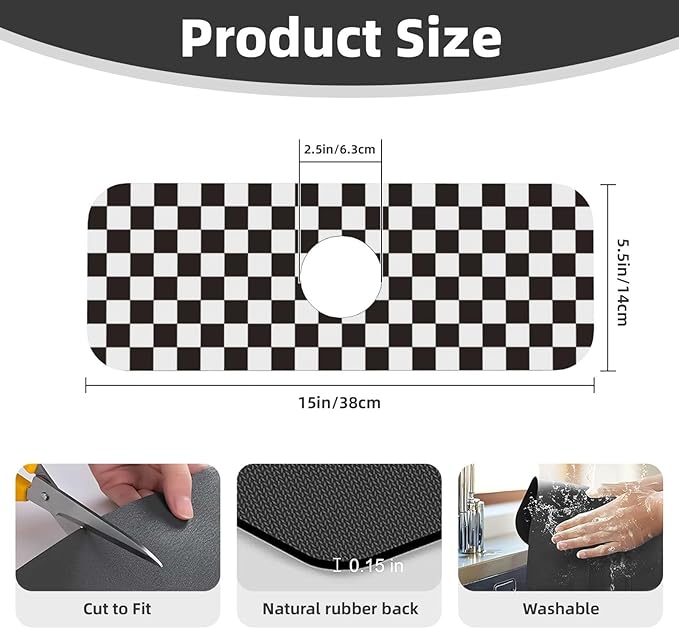Black And White Checkered Racing Flag Checkerboard Square Grid Kitchen Sink Splash Guard Faucet Mat Super Absorbent Fast Drying Mat Sink Gadgets-Fast Sink Mat For Kitchen Bathroom (15" X 5.5" )