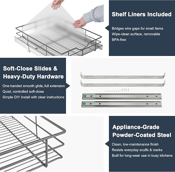 Pull Out Shelves - 11" W x 22" D Soft Close Pull Out Cabinet Organizer 1 Tier - Sliding Shelves with Shelf Liner - Heavy Duty Steel Wire Drawers for Kitchen Cabinets, Pantry, Bathroom