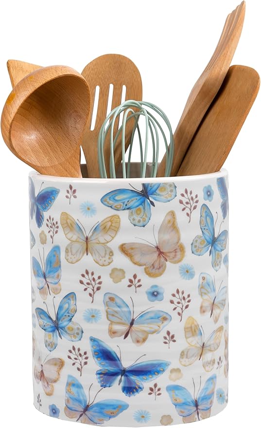 Kitchen Utensil Holder,7.2-inch Extra Large Sturdy Ceramic Floral Butterfly Pattern Utensil Crock,Cooking Utensil Organizer for Kitchen Counter Decor,Storage Caddy Farmhouse Gift Butterflies