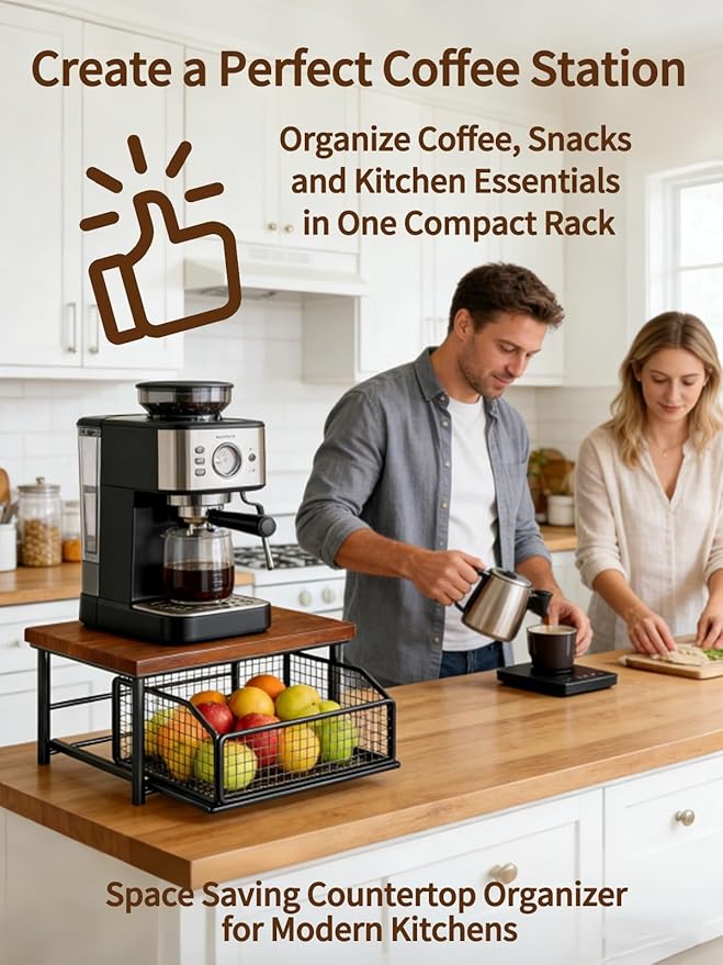 Kitchen Countertop Organizer with Drawer and Wire Basket, Microwave Cart Stand with Sliding Storage Shelf, Space-Saving Counter Organizers Rack, Compact 2-Tier Shelf for Coffee Maker(Wood-White)