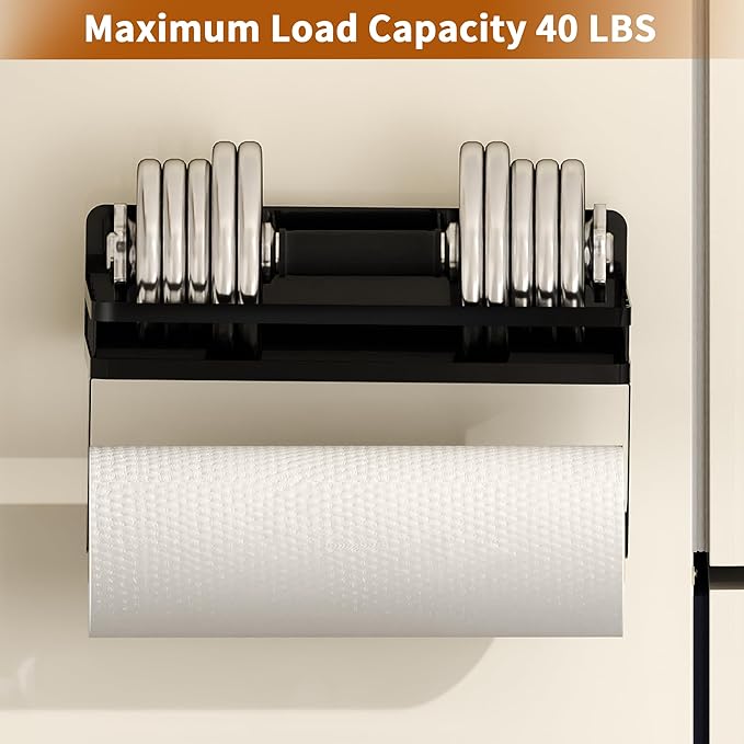 YIGII Magnet Paper Towel Holder for Refrigerator, 2-in-1 Black Spice Rack Organizer Strong Magnets, Kitchen Roll Holder with Storage Shelf and 2 Hooks, Heavy Duty