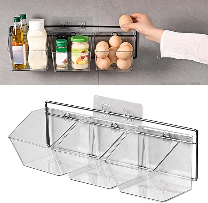 Wall Mounted Storage Container, 3 Storage Grid Clear Plastic Self-Adhesive Hanging Onion and Potato Storage with Metal Rack and Traceless Sticker for Kitchen/Bathroom/Organizer Pantry